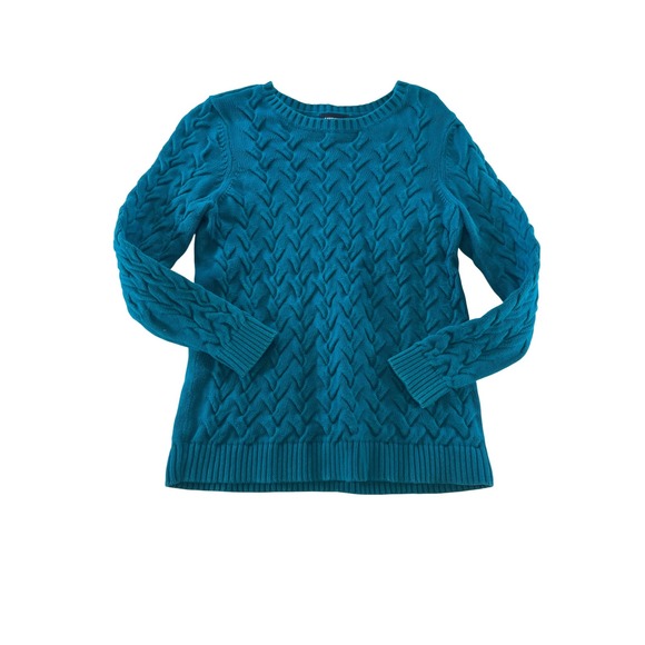 Lands' End Womens Cable Knit Crew Neck Cotton Sweater Teal Blue Medium - Picture 1 of 6
